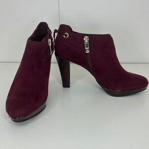 Liz Claiborne Women's Burgundy Suede Ankle Booties – Size 5M, Block Heel Zip